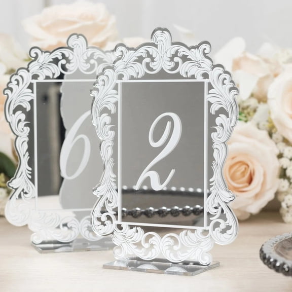 BalsaCircle Silver 1 -10 Acrylic Mirror Arch with White Baroque Lace Print Wedding Table Signs Party Reception Event Tabletop Decorations Supplies