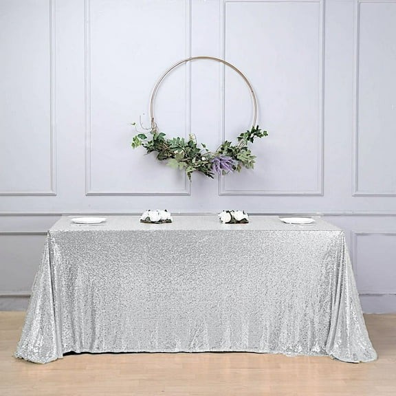 Balsa Circle Silver 90" x 156" Sequin Rectangular Tablecloth Dining Table Linens