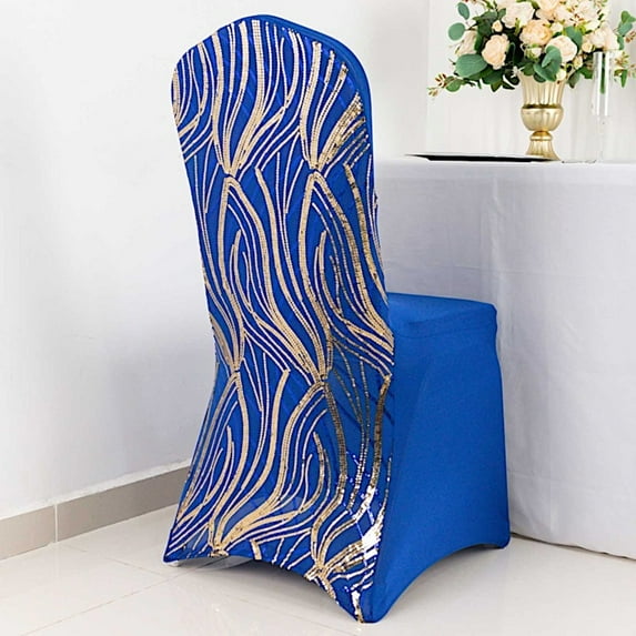 BalsaCircle Spandex Royal Blue Gold Stretchable Banquet Chair Cover with Wavy Embroidered Sequin Party Events Decorations