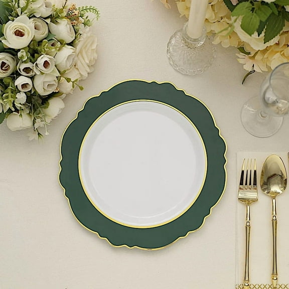 BalsaCircle WHITE HUNTER GREEN 10 Round 10" Disposable Salad Plastic Plates Blossom Design Party Decorations