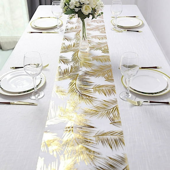 BalsaCircle White 11x108 in Non Woven Fabric Table Runner Gold Metallic Leaves Print Events Decorations