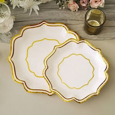 BalsaCircle White Gold 25 Disposable 10" Dinner Salad Paper Plates Metallic Scalloped Trim Party Decorations