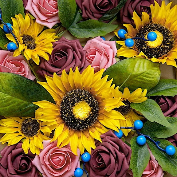 Balsa Circle Yellow Silk Sunflowers Burgundy Pink Foam Artificial Roses Faux Flowers Box Party