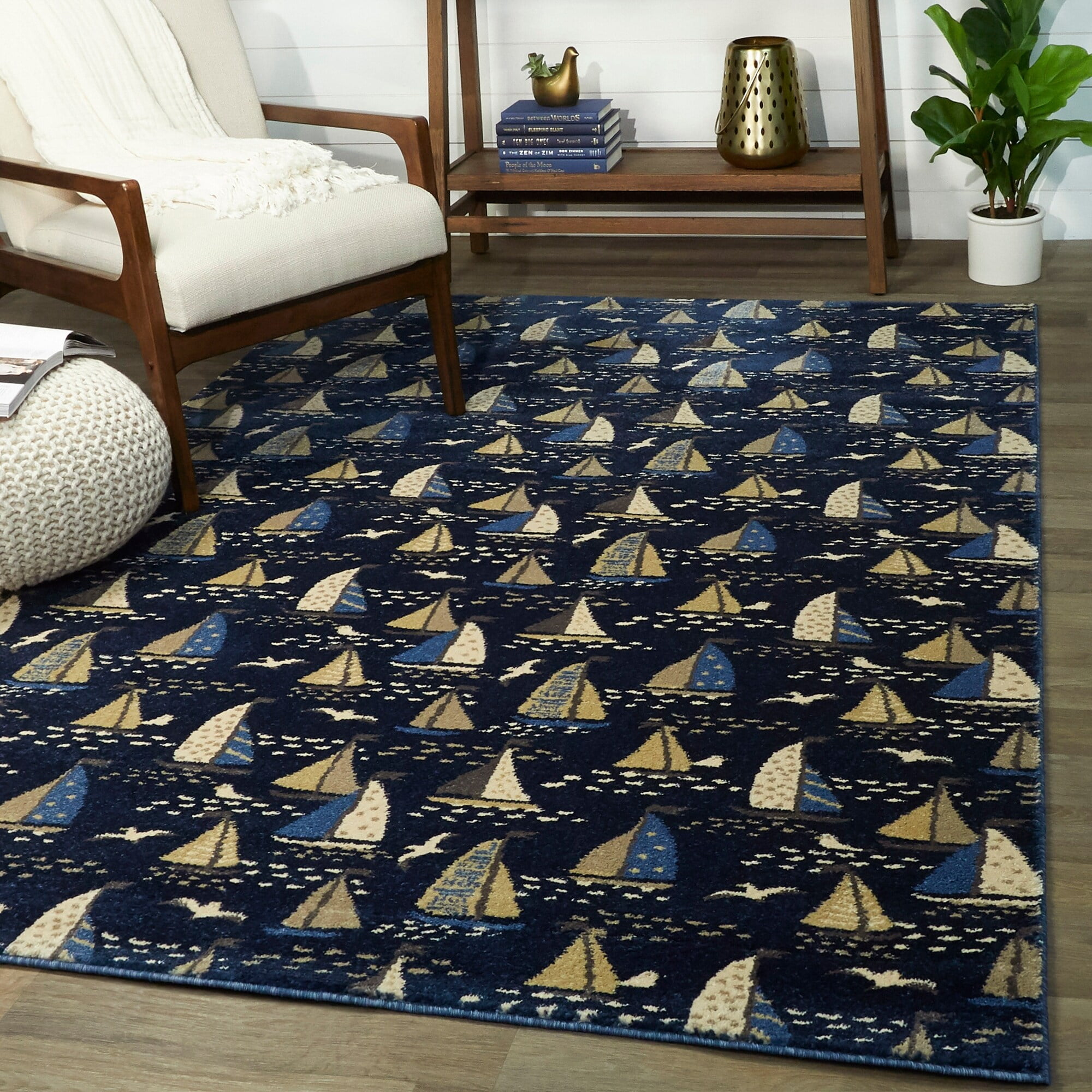 Balta Bay Marina Coastal Sail Boat Area Rug Navy 5'3" x 7' 5' x 8' Indoor Navy, White, OffWhite