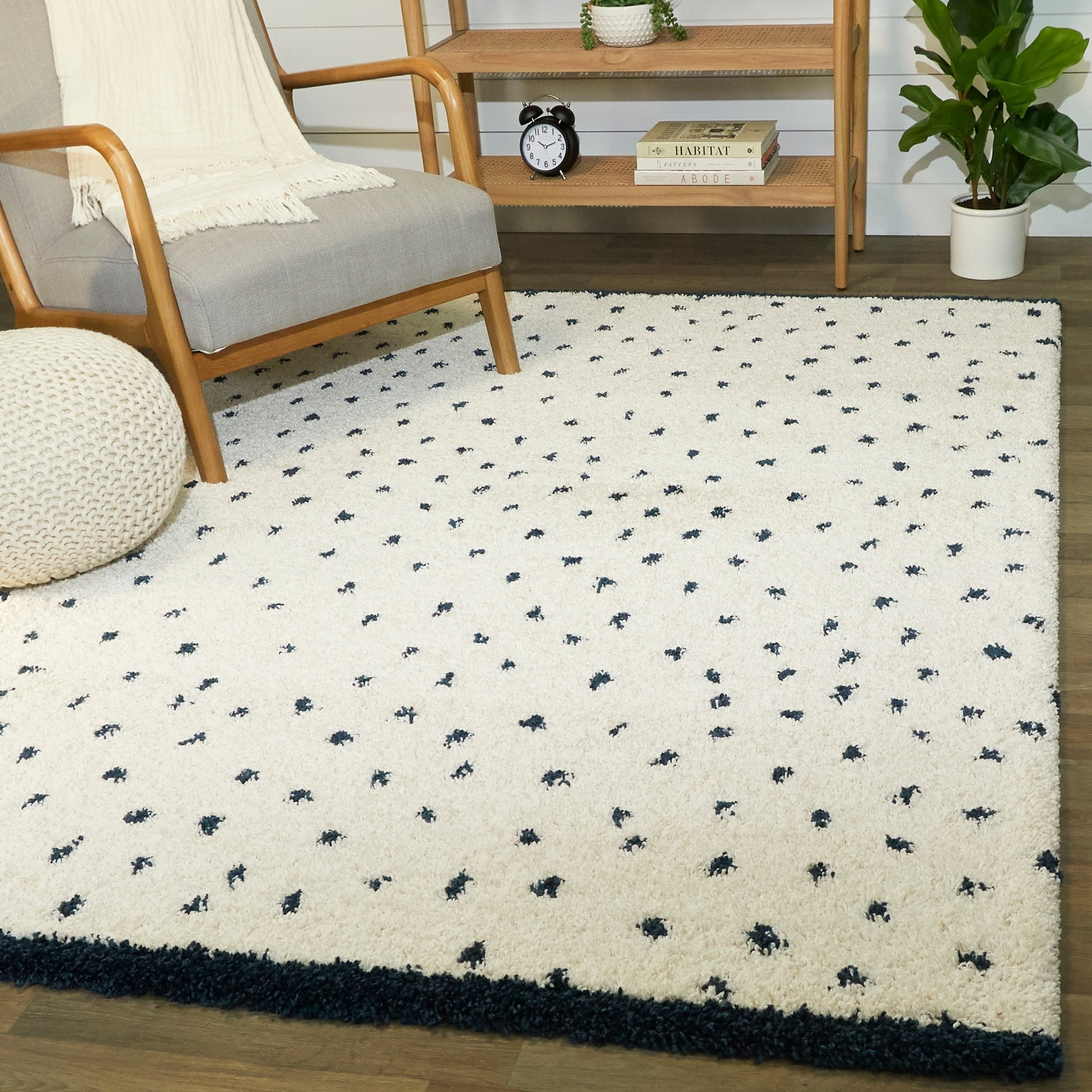 White and Black Abstract Polka Dot Shag Area Rug 5'3" x 7'