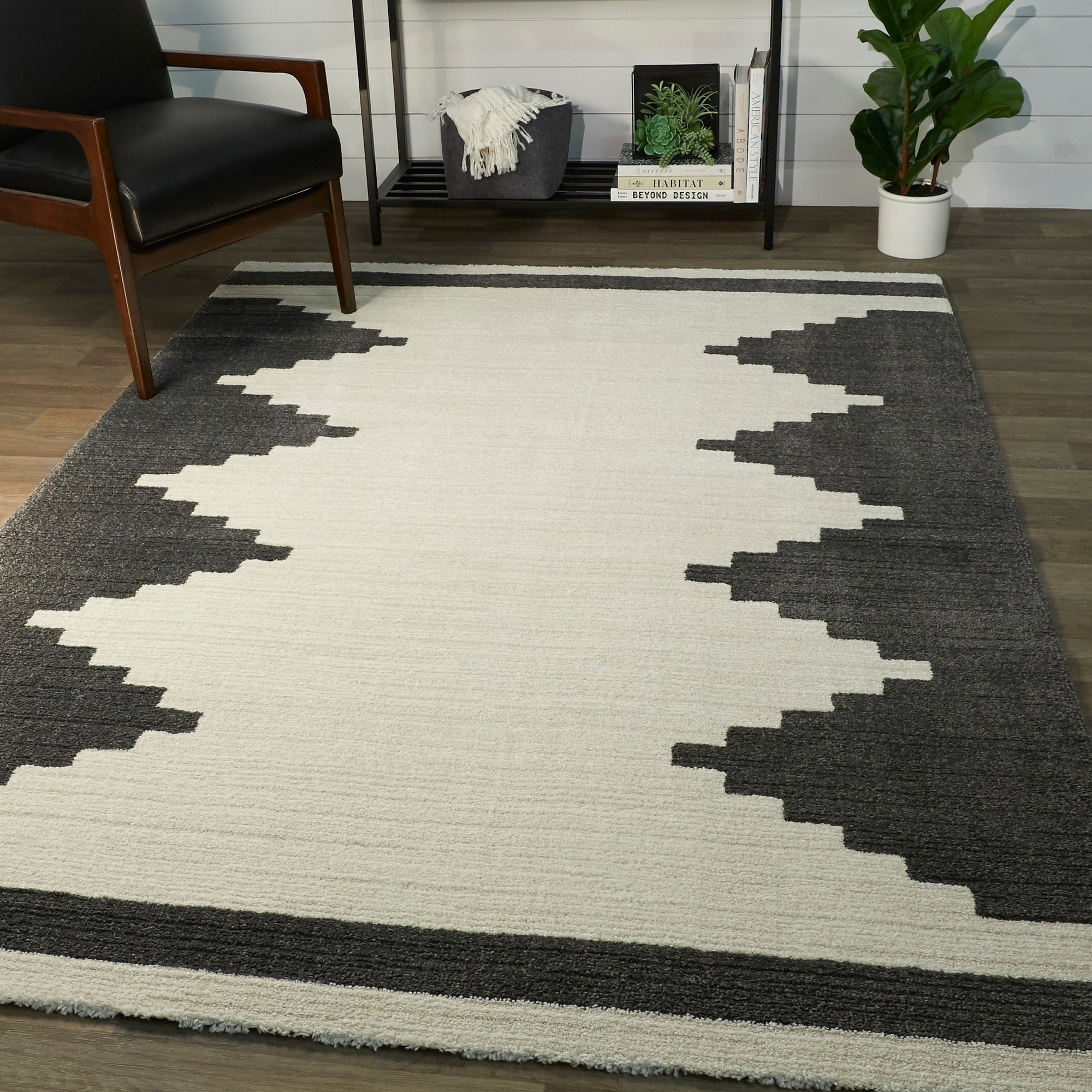 Brynja Off-White and Black Geometric Synthetic Area Rug