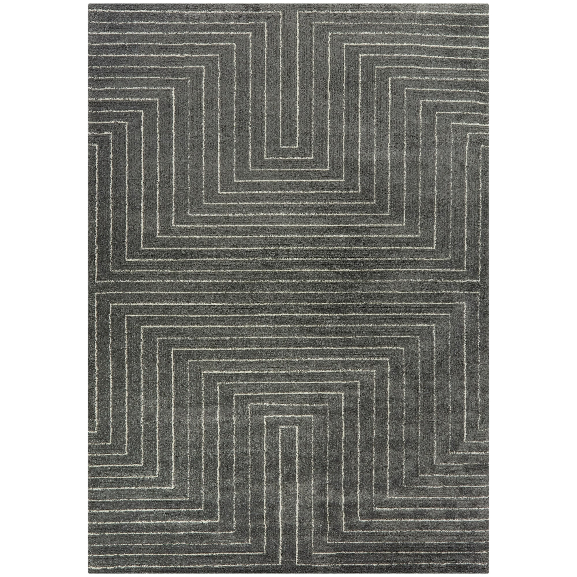 Charcoal and Cream Geometric Polyester Runner Rug, 2'7" x 7'