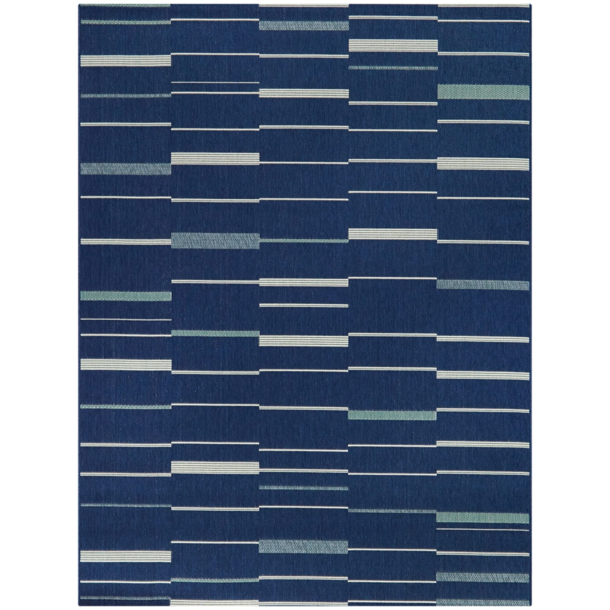 Navy Blue Rectangular Braided Synthetic Stripe Rug