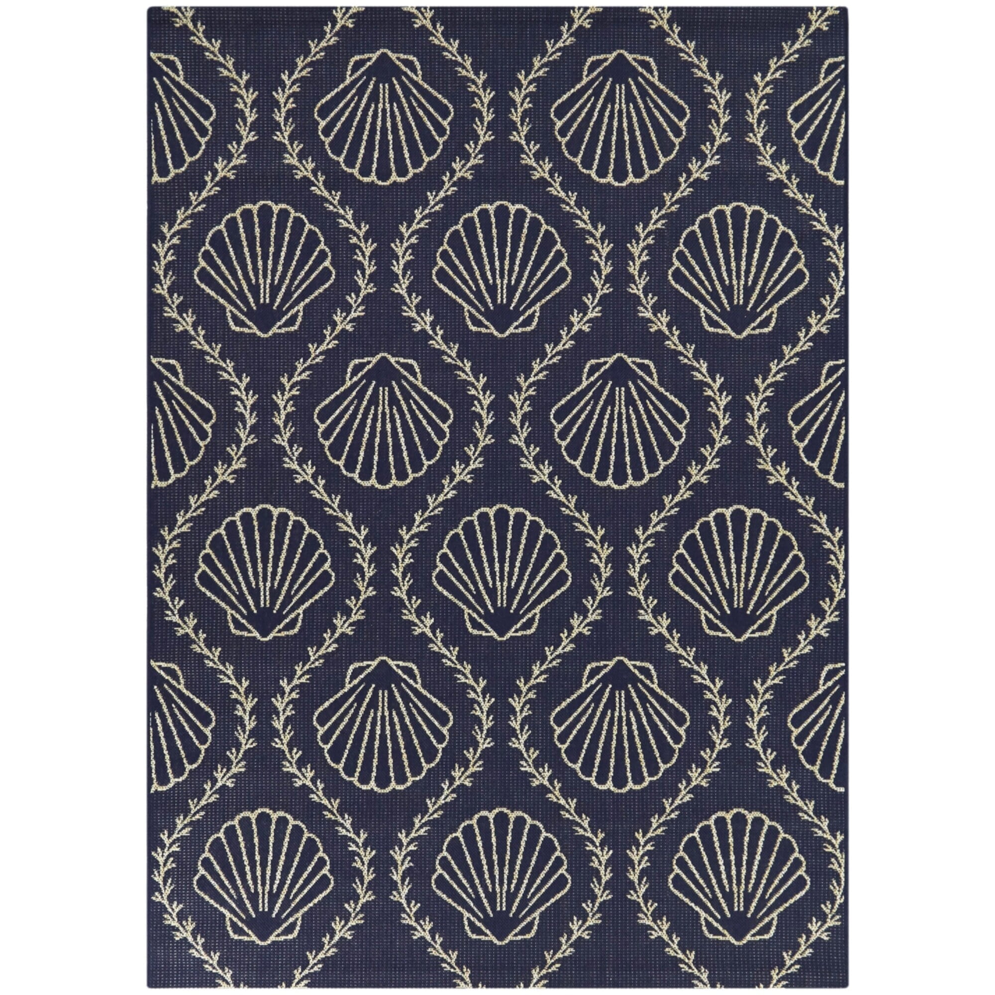 Navy Blue Coastal Shell Trellis Flat Woven Synthetic Area Rug