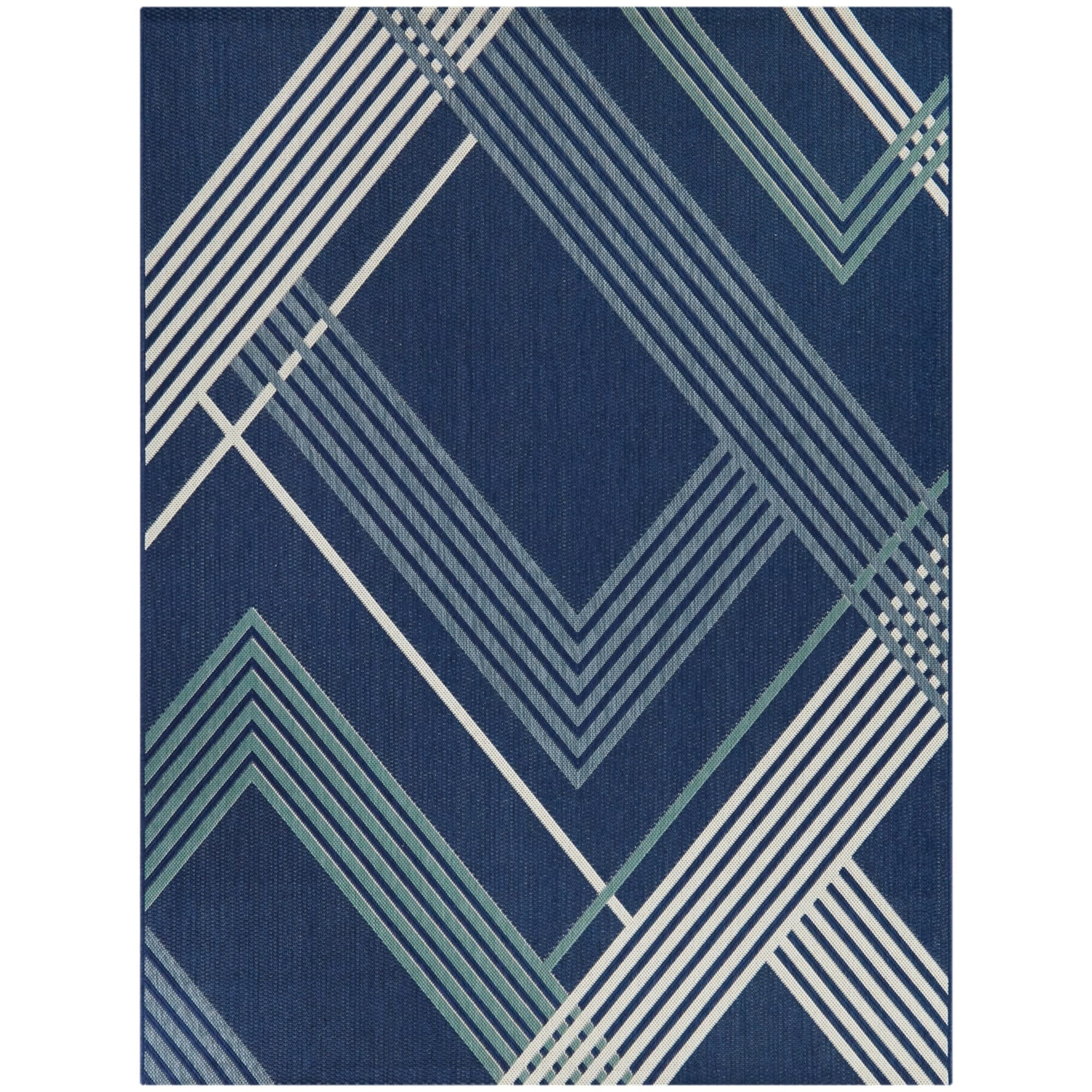 Navy and White Braided Synthetic Stripe Area Rug