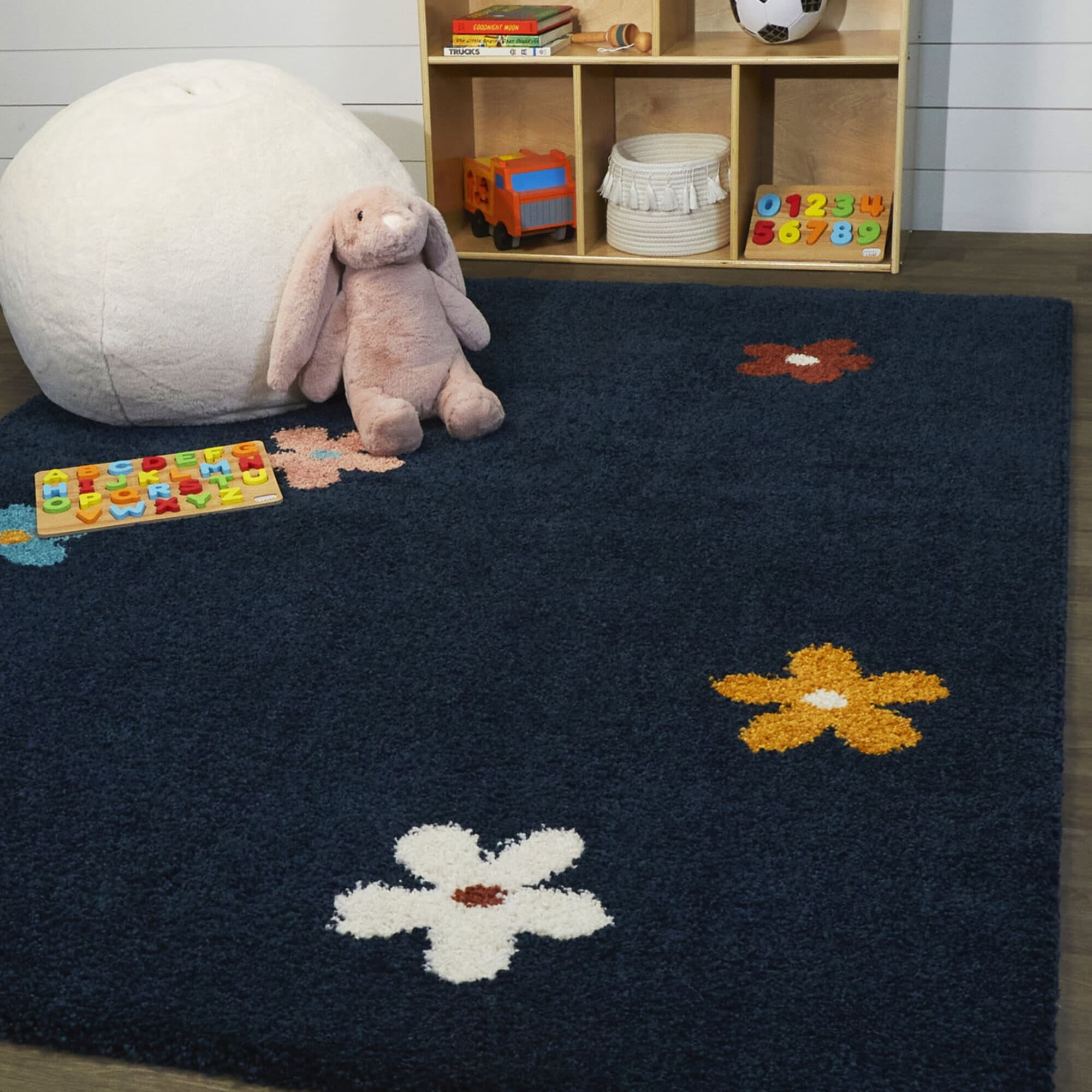 Navy Blue Floral Shag Kids Area Rug 4' x 6'