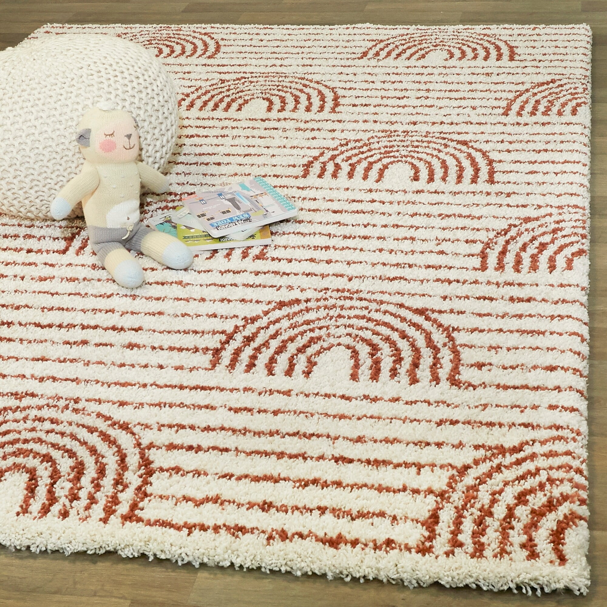 White and Orange Synthetic Stripe Kids Rectangular Area Rug 8' x 10'
