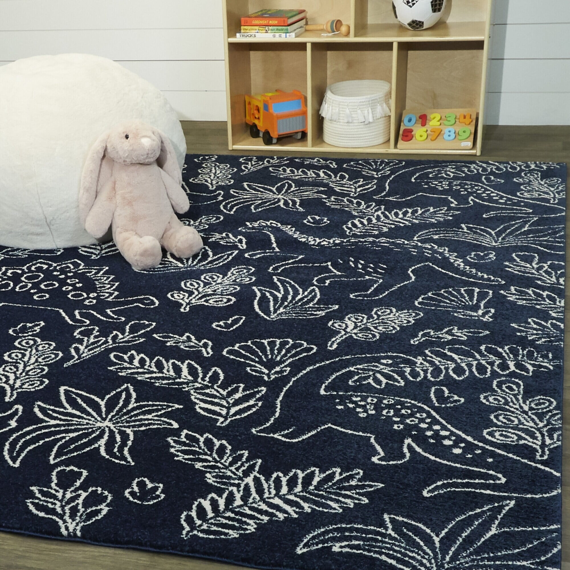 Navy Blue Synthetic Non-slip Kids' Dinosaur Rug, 5'3" x 7'