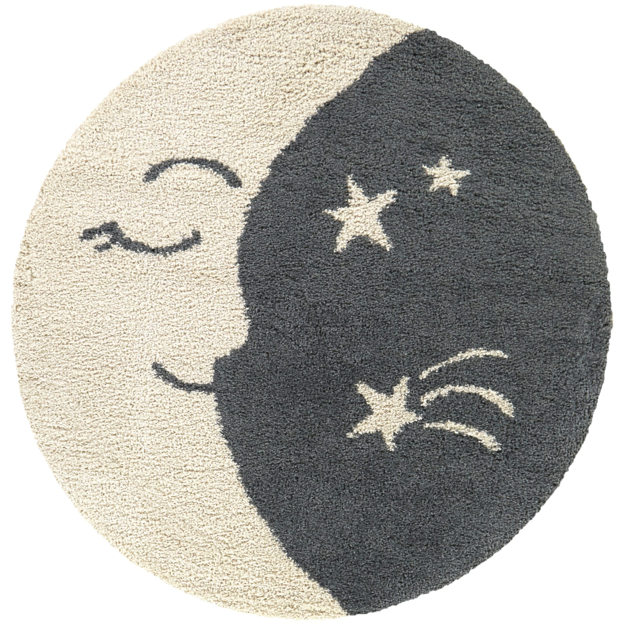 Round Gray and Off-White Synthetic Shag Kids Rug