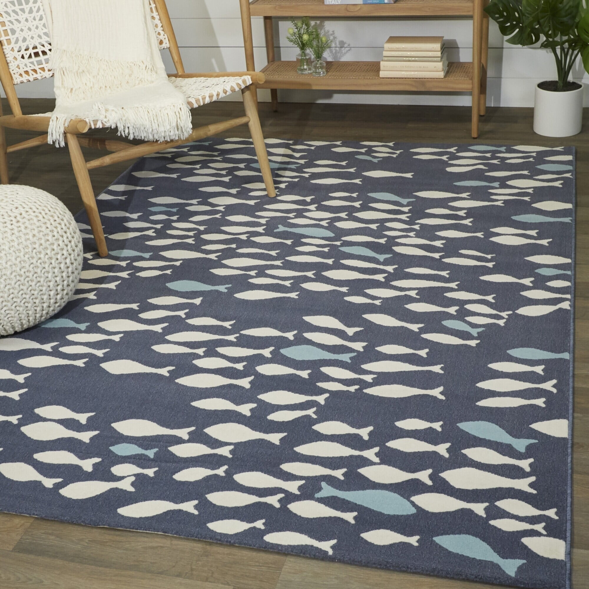 Navy and Cream Fish Pattern Rectangular Synthetic Kids Rug