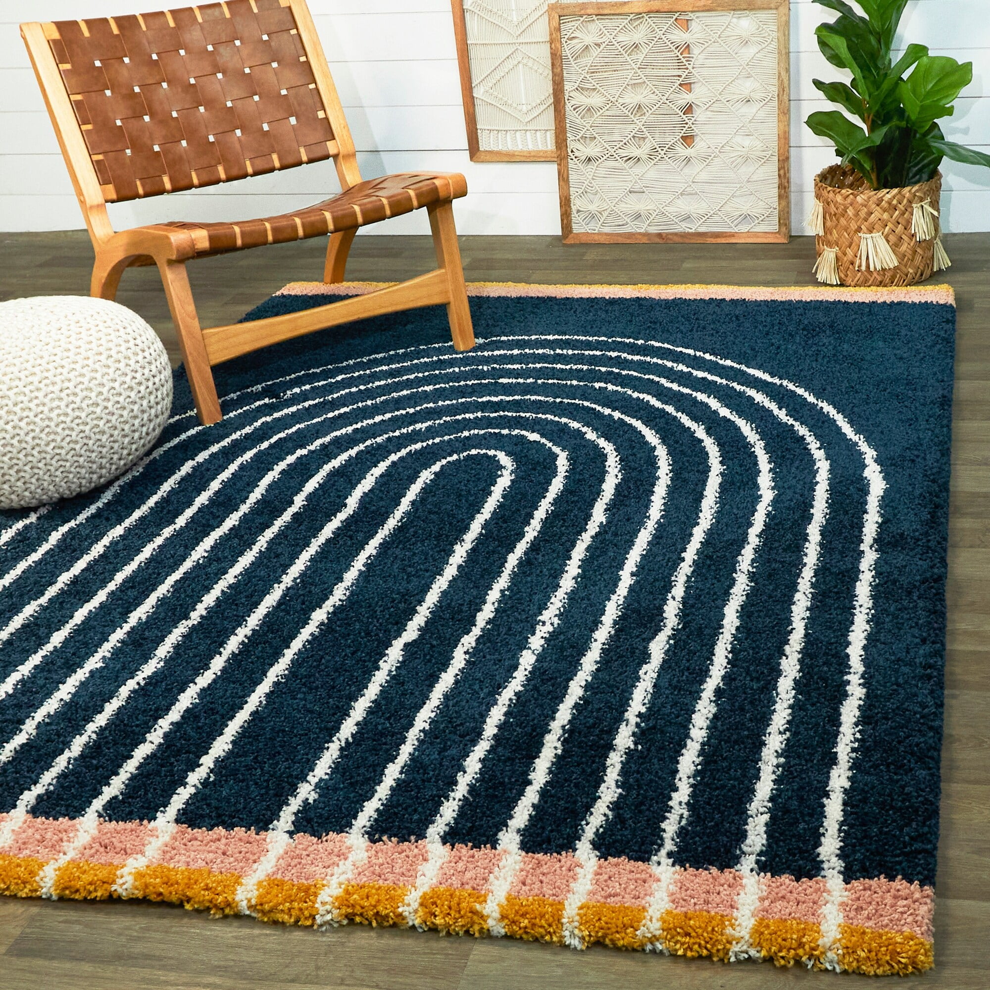 Navy and White 5' x 7' Shag Kids' Area Rug
