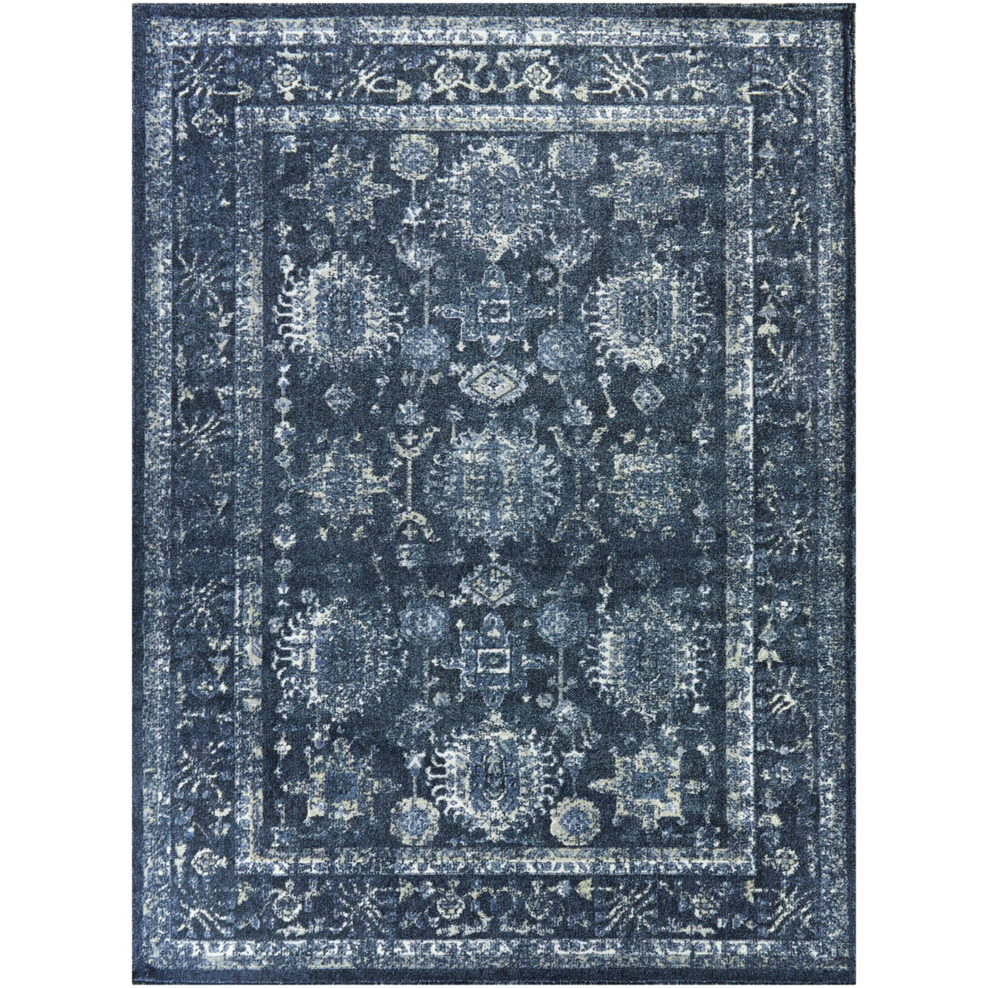 Navy and Cream Synthetic Oriental Rectangular Area Rug