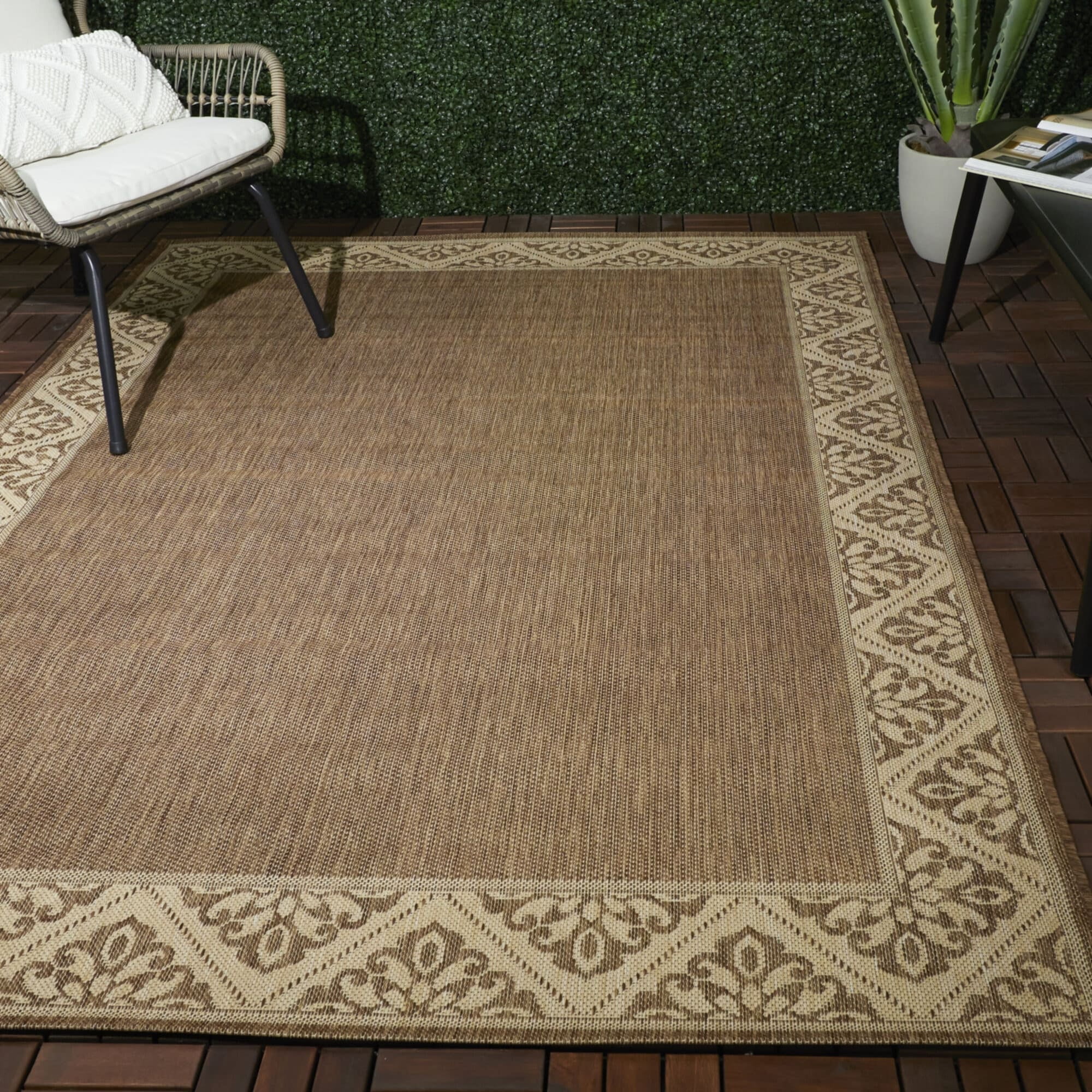 Brown and Beige Flat Woven Synthetic Area Rug
