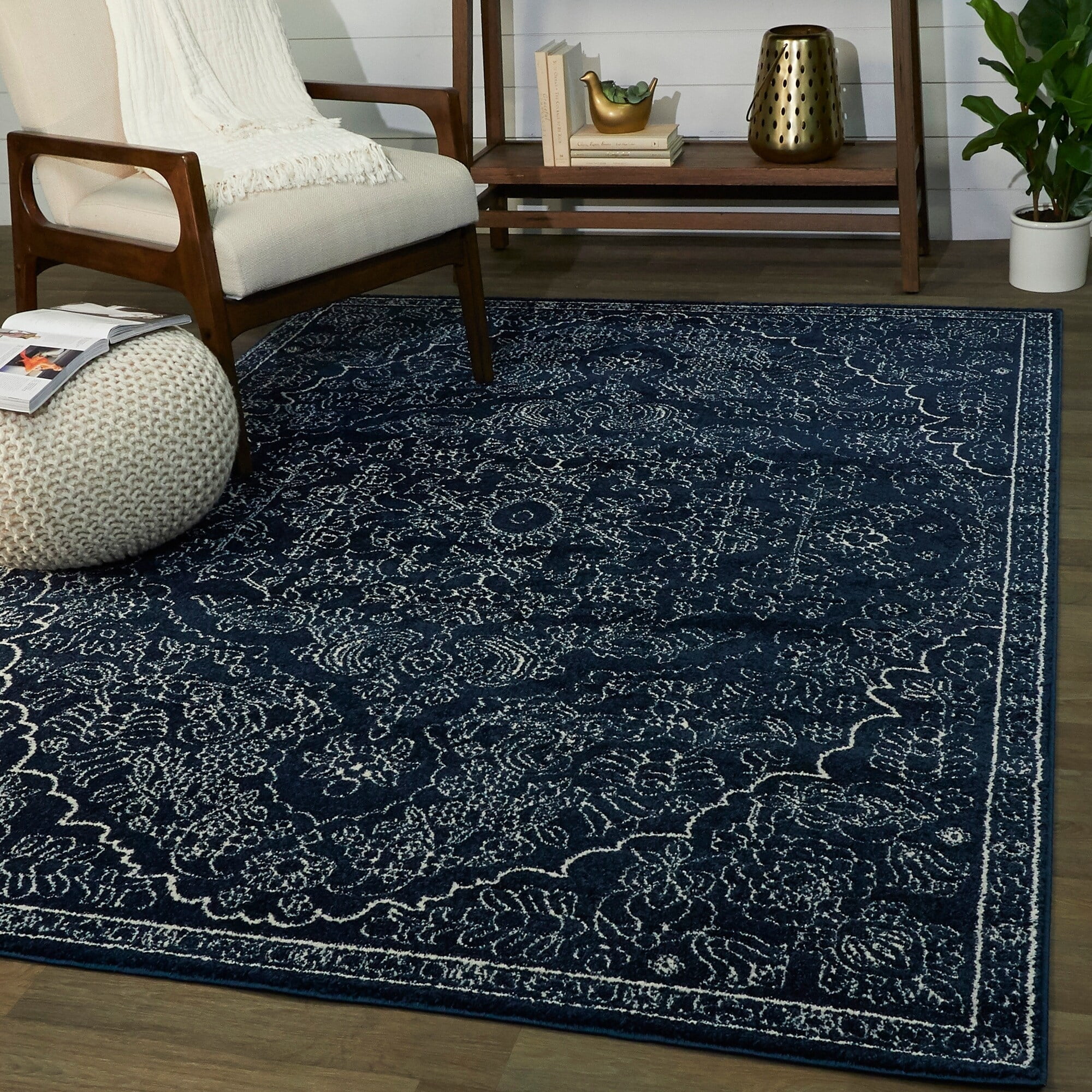 Navy and White Medallion Synthetic 8' x 10' Area Rug