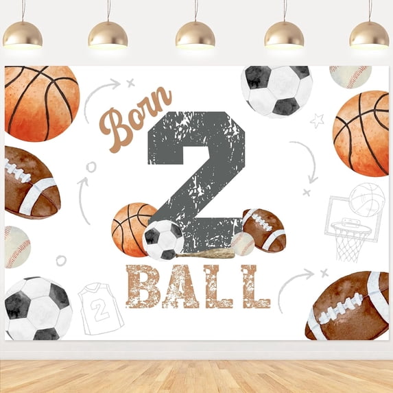 Balterever 5 * 7ft Born Two Ball Birthday Backdrop Decorations Sports Theme 2nd Birthday Party Decorations with Born 2 Ball Birthday Backdrop Banner for 2 Years Old Basketball Decors C36