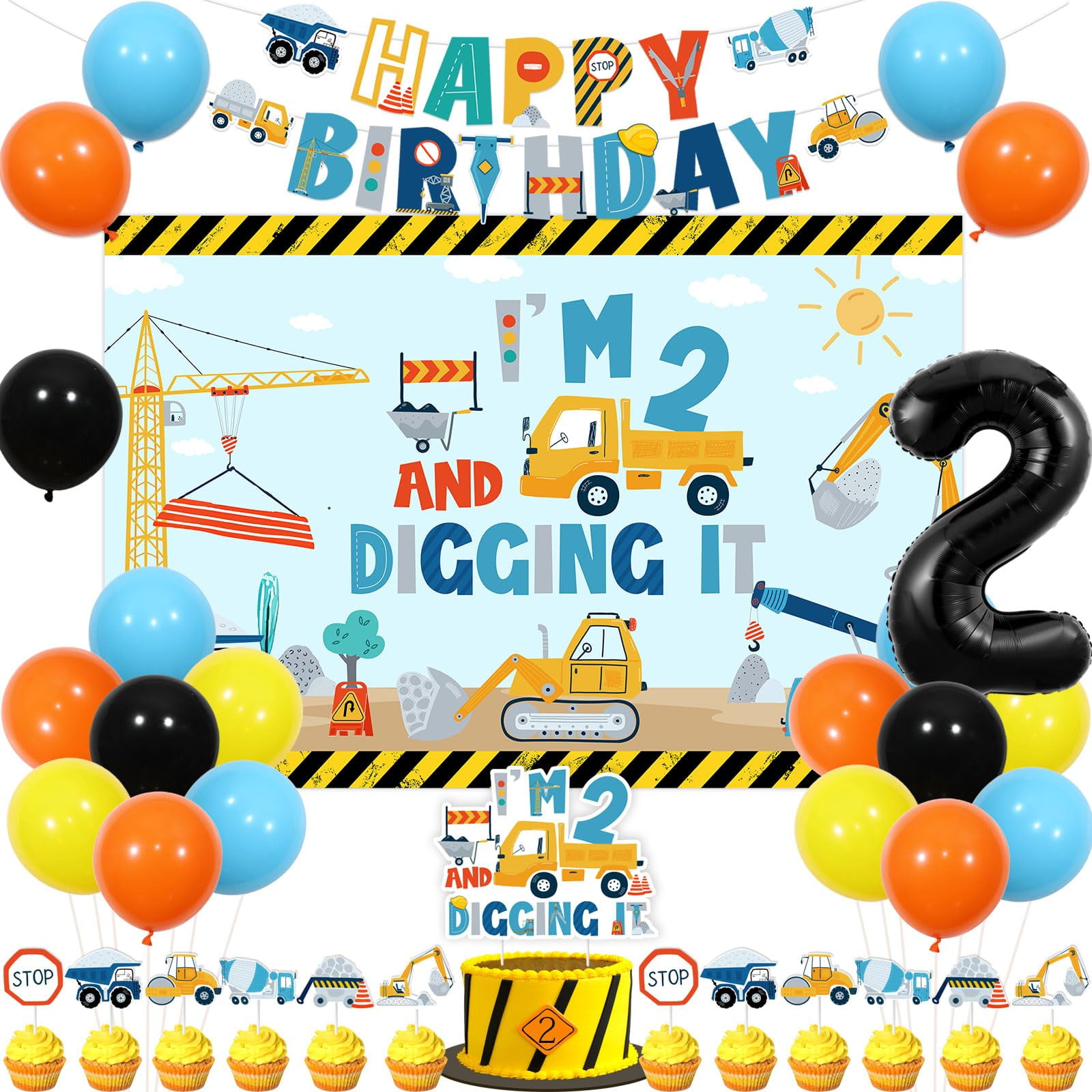Balterever Construction 2nd Birthday STF9Party Decorations for Boys I'm 2 and Digging It Decorations with Construction Happy Birthday Banner Cake Topper Backdrop for Dump Truck Party Supplies