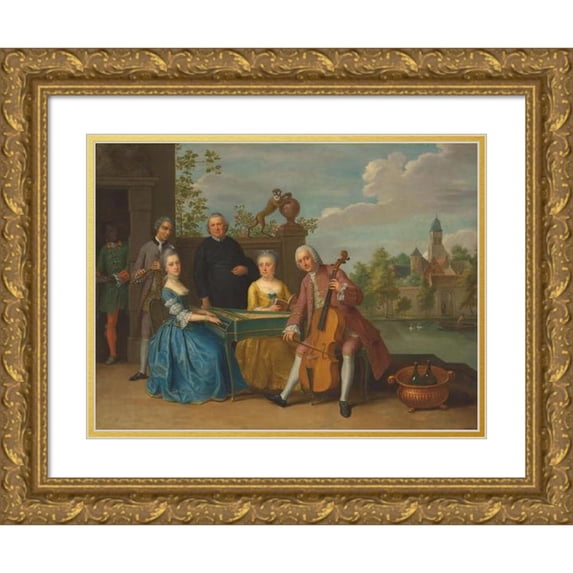 Balthasar Beschey 14x11 Gold Ornate Wood Frame and Double Matted Museum Art Print Titled - An Elegant Company, Traditionally Identified as the Wedding of Jacob Johannes Cremers, All Seated and Ma