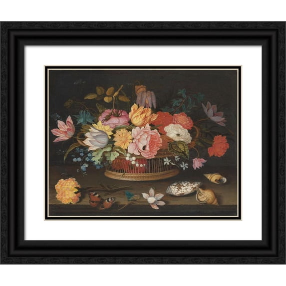 Balthasar van der Ast 14x12 Black Ornate Wood Framed Double Matted Museum Art Print Titled: Flowers in a Wicker Basket on a Table (1625)