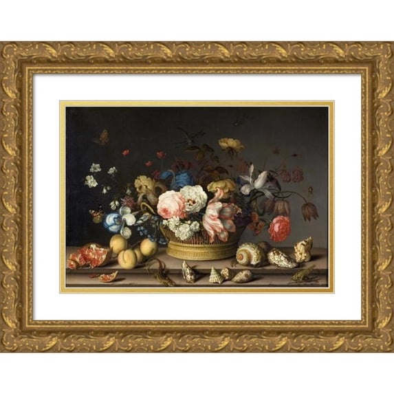Balthasar van der Ast 18x13 Gold Ornate Wood Frame and Double Matted Museum Art Print Titled - Still Life with a Basket of Flowers (Early 1630s)