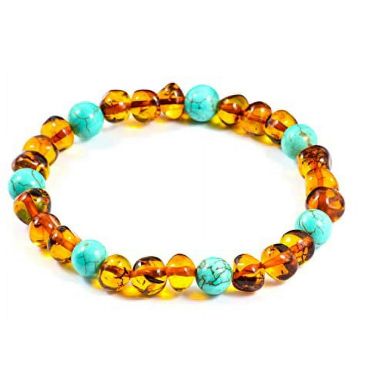 Baltic Amber Bracelet for Adults Made on Elastic Band Carpal Tunnel Arthritis Headache Migraine Pain Relief Turquoise 7.5 inch