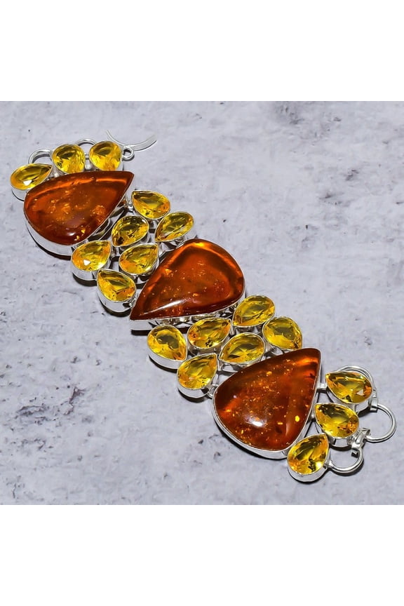 Natural Baltic Amber, Citrine Gemstone 925 Sterling Silver Bracelet 7-8"