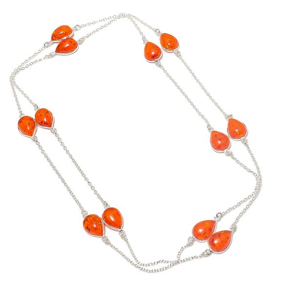 Baltic Amber Gemstone Necklace Handmade Unique Gift Pear Shape Chain Jewelry 36"