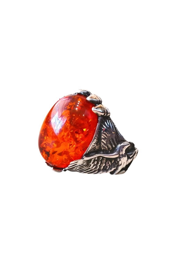 Baltic Amber Mans Ring, Eagle Baltic Amber ring, Silver Jewelry, 925 Silver Ring, Birthday Gift, Heavy Mens Ring, Arabic Design, Ottoman Style Ring, Christmas, Turkey Mens Signet Ring