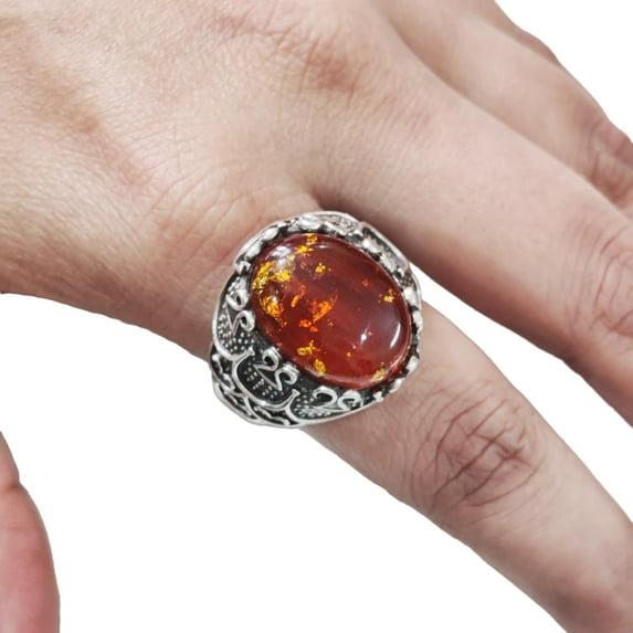 Baltic Amber Mans Ring, Natural Baltic Amber ring, Silver Jewelry, 925 Silver Ring, Birthday Gift, Heavy Mens Ring, Arabic Design, Ottoman Style Ring, Christmas, Turkey Mens Signet Ring