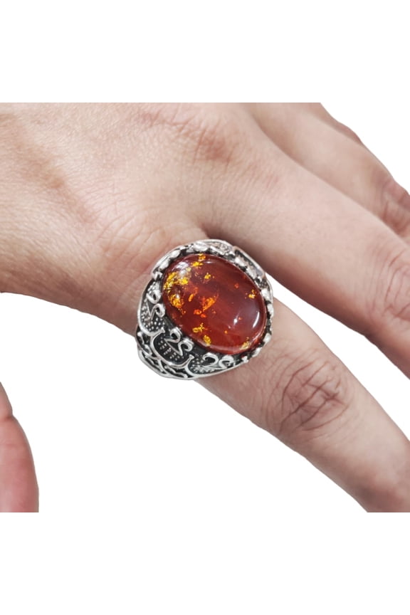 Baltic Amber Mans Ring, Natural Baltic Amber ring, Silver Jewelry, 925 Silver Ring, Birthday Gift, Heavy Mens Ring, Arabic Design, Ottoman Style Ring, Christmas, Turkey Mens Signet Ring