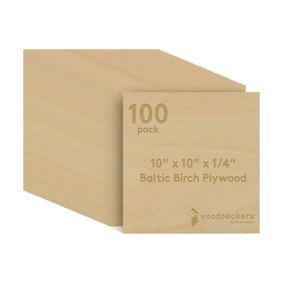 Baltic Birch Plywood, 6 mm 1/4 x 10 x 10 Inch Craft Wood, Box of 100 B/BB Grade Baltic Birch Sheets, Perfect for Laser, CNC Cutting and Wood Burning, by Woodpeckers