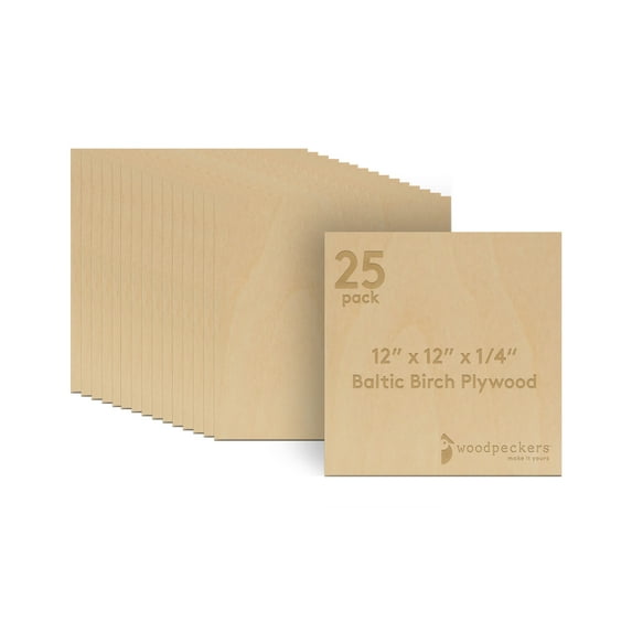 Baltic Birch Plywood, 12 x 12 x 1/4 Inch - 6 mm Craft Wood, Box of 25 B/BB Grade Baltic Birch Sheets, Perfect for Laser, CNC Cutting and Wood Burning, by Woodpeckers