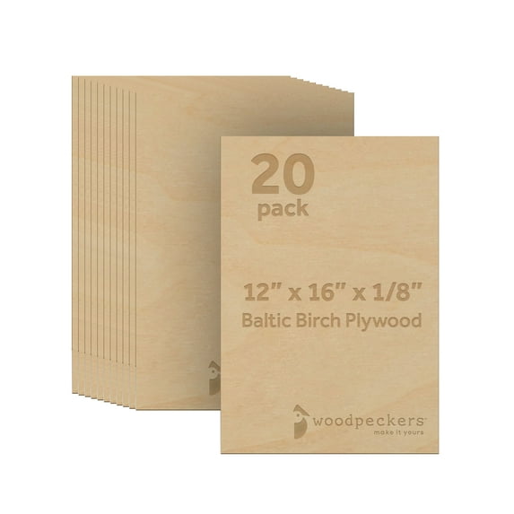 Baltic Birch Plywood, 12 x 18 x 1/8 Inch - 3 mm Craft Wood, Pack of 20 B/BB Grade Baltic Birch Sheets, Perfect for Laser, CNC Cutting and Wood Burning, by Woodpeckers