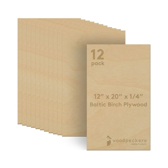 Baltic Birch Plywood, 6 mm 1/4 x 12 x 20 Inch Craft Wood, Pack of 12 B/BB Grade Baltic Birch Sheets, Perfect for Laser, CNC Cutting and Wood Burning, by Woodpeckers