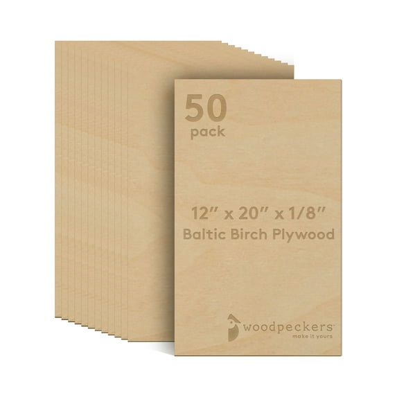 Baltic Birch Plywood, 3 mm 1/8 x 12 x 20 Inch Craft Wood, Pack of 50 B/BB Grade Baltic Birch Sheets, Perfect for Laser, CNC Cutting and Wood Burning, by Woodpeckers