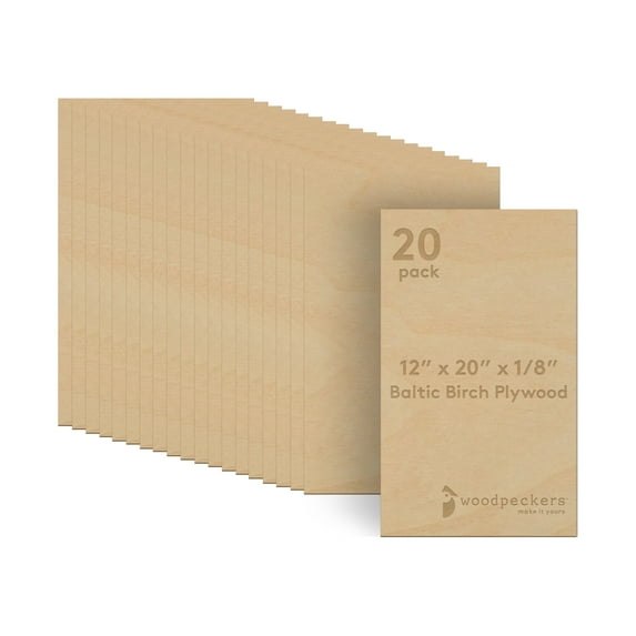 Baltic Birch Plywood, 12 x 20 x 1/8 Inch - 3 mm Craft Wood, Pack of 20 B/BB Grade Baltic Birch Sheets, Perfect for Laser, CNC Cutting and Wood Burning, by Woodpeckers