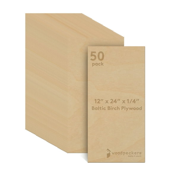 Baltic Birch Plywood, 6 mm 1/4 x 12 x 24 Inch Craft Wood, Box of 50 B/BB Grade Baltic Birch Sheets, Perfect for Laser, CNC Cutting and Wood Burning, by Woodpeckers
