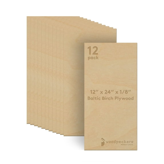 Baltic Birch Plywood, 12 x 24 x 1/8 Inch - 3 mm Craft Wood, Box of 12 B/BB Grade Baltic Birch Sheets, Perfect for Laser, CNC Cutting and Wood Burning, by Woodpeckers
