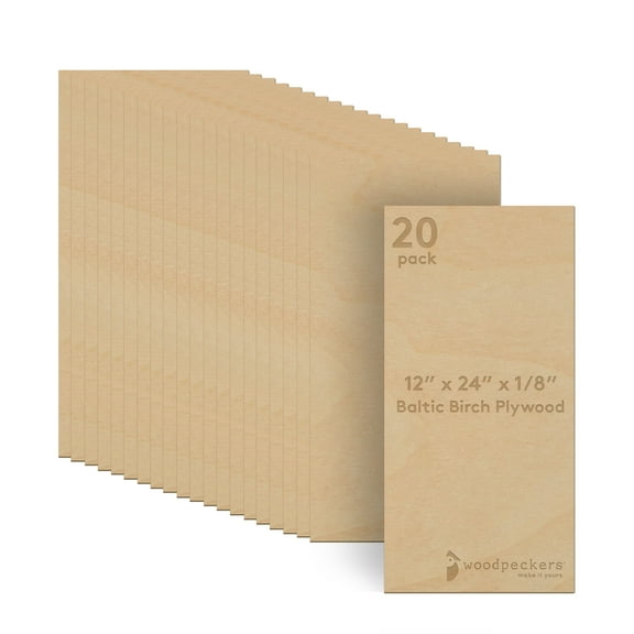 Baltic Birch Plywood, 12 x 24 x 1/8 Inch - 3 mm Craft Wood, Box of 20 B/BB Grade Baltic Birch Sheets, Perfect for Laser, CNC Cutting and Wood Burning, by Woodpeckers