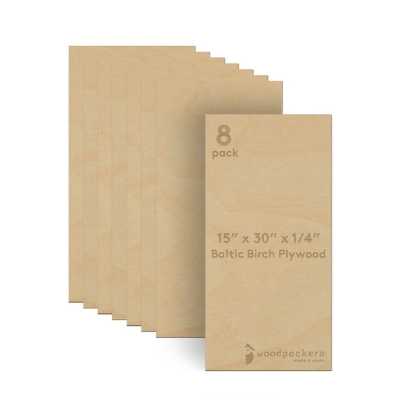 Baltic Birch Plywood 15 x 30 x 1/4 Inch - 6 mm Craft Wood, Pack of 8 B/BB Grade, Stronger Than Basswood Sheets or Balsa Wood, Perfect for Laser, CNC Cutting, Wood Burning, by Woodpeckers