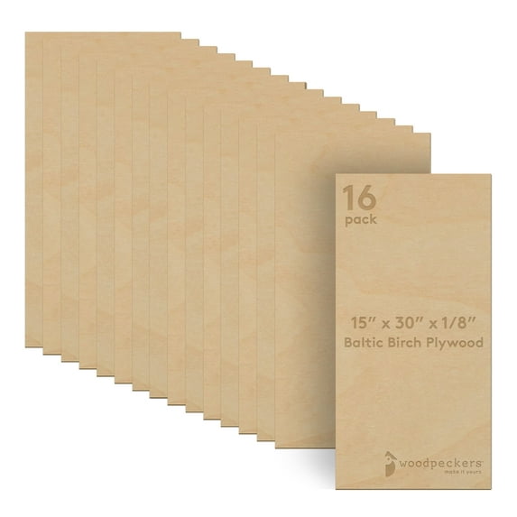 Baltic Birch Plywood 15 x 30 x 1/8 Inch - 3 mm Craft Wood, Pack of 16 B/BB Grade, Stronger Than Basswood Sheets or Balsa Wood, Perfect for Laser, CNC Cutting, Wood Burning, by Woodpeckers