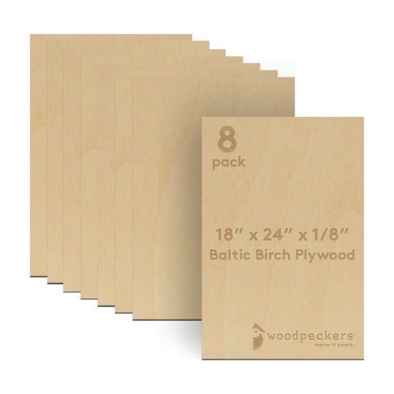 Baltic Birch Plywood, 18 x 24 x 1/8 Inch - 3 mm Craft Wood, Bag of 8 B/BB Grade Baltic Birch Sheets, Perfect for Laser, CNC Cutting and Wood Burning, by Woodpeckers