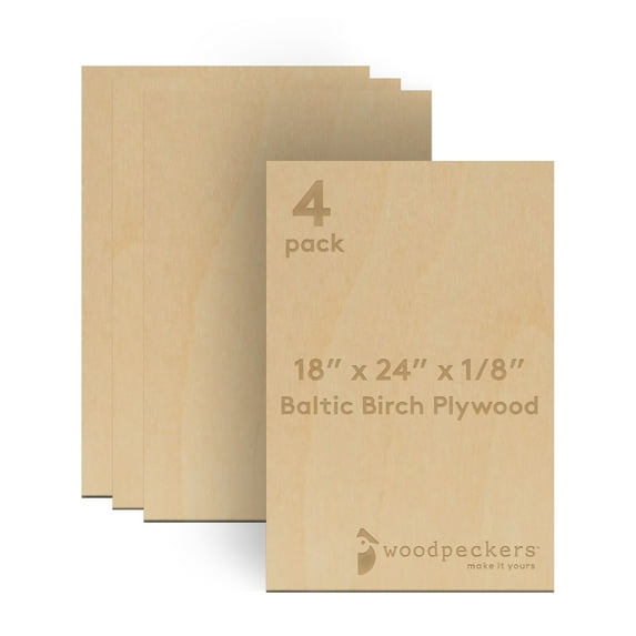 Baltic Birch Plywood, 18 x 24 x 1/8 Inch - 3 mm Craft Wood, Box of 4 B/BB Grade Baltic Birch Sheets, Perfect for Laser, CNC Cutting and Wood Burning, by Woodpeckers