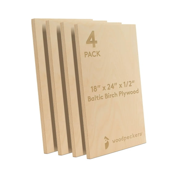 Baltic Birch Plywood 18 x 24 x 1/2 Inch - 12 mm Craft Wood, Pack of 4 B/BB Grade, Stronger Than Basswood Sheets or Balsa Wood, Perfect for Laser, CNC Cutting, Wood Shelves, by Woodpeckers