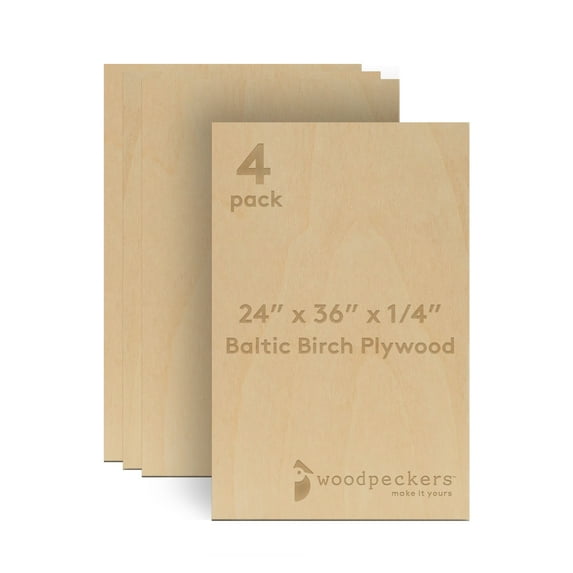 Baltic Birch Plywood 24 x 36 x 1/4 Inch - 6 mm Craft Wood, Pack of 4 B/BB Grade, Stronger Than Basswood Sheets or Balsa Wood, Perfect for Laser, CNC Cutting, Wood Burning, by Woodpeckers