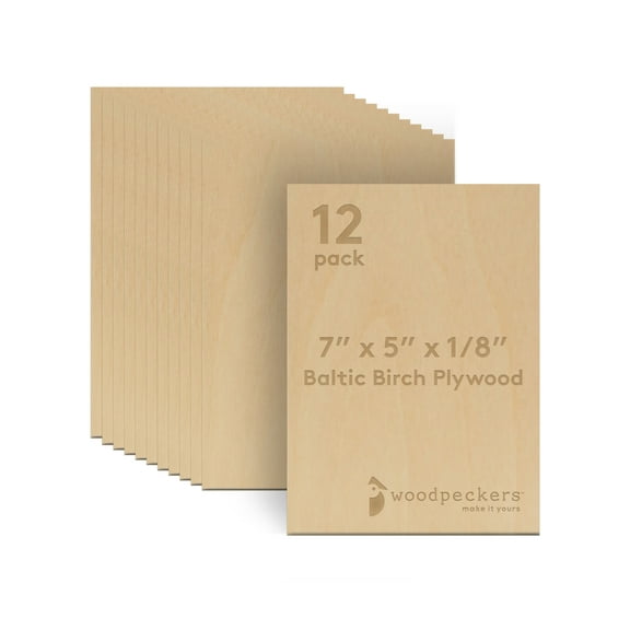 Baltic Birch Plywood, 5 x 7 x 1/8 Inch - 3 mm  Craft Wood, Pack of 12 B/BB Grade Baltic Birch Sheets, Perfect for Laser, CNC Cutting and Wood Burning, by Woodpeckers